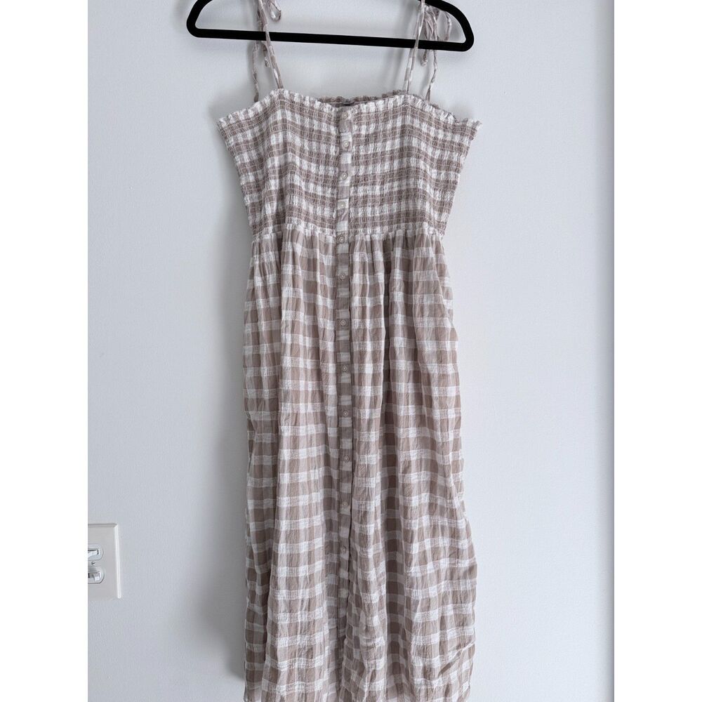 Aerie Plaid Smocked Maxi Dress Large Beige Cream Cottagecore Boho